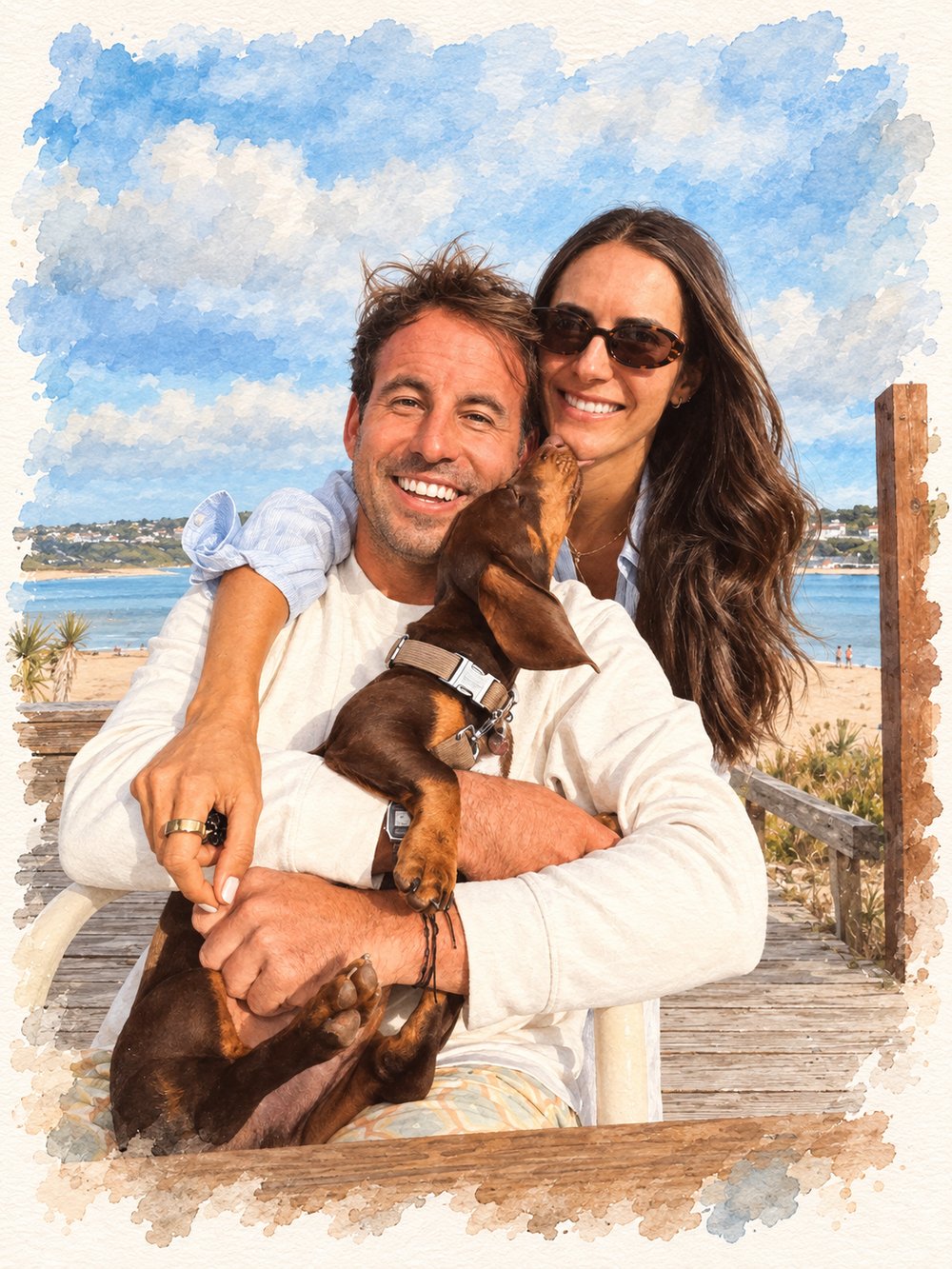 Pepe y Ale con su perro en la playa