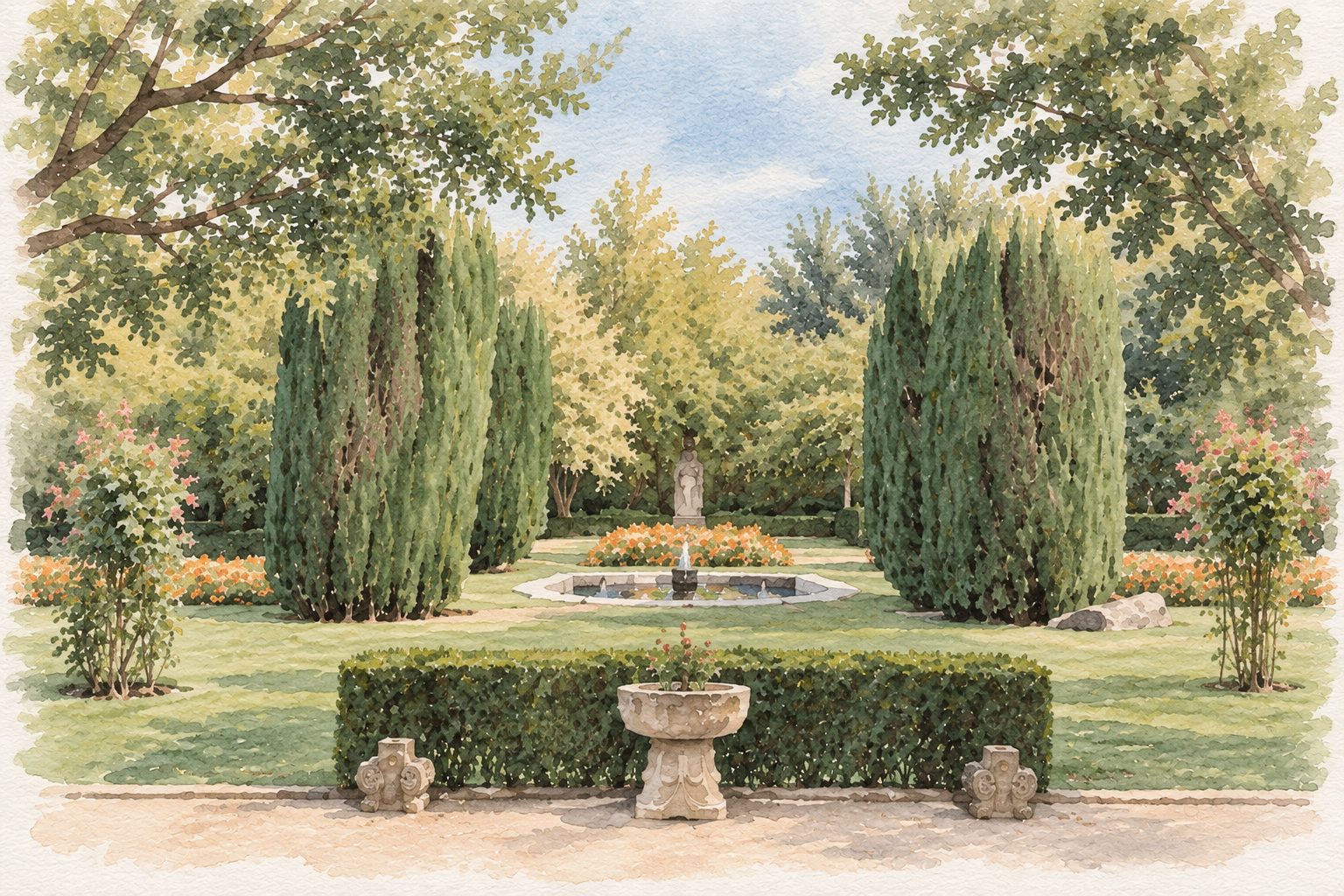 Jardín con fuente de la Finca Los Cuadros