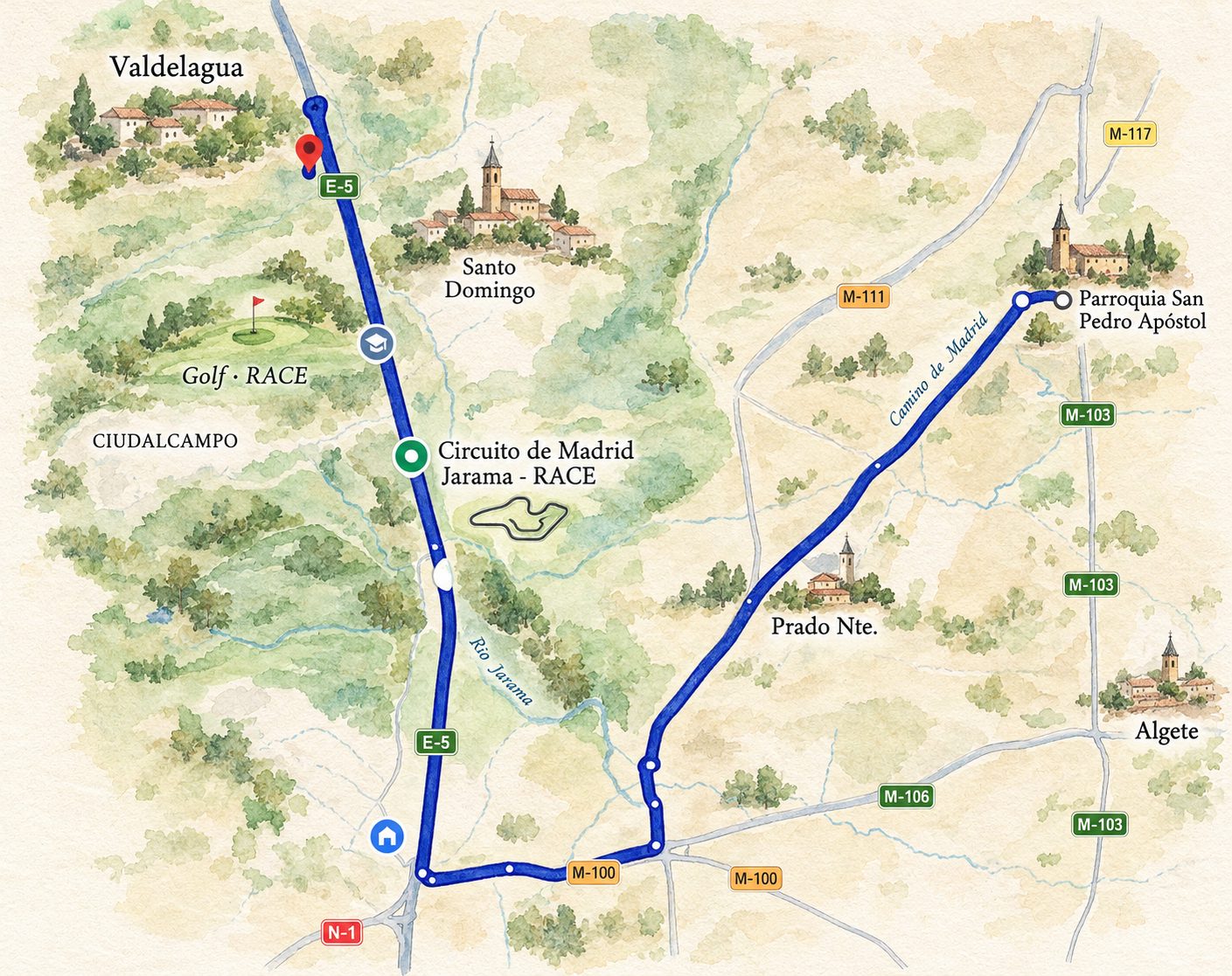 Mapa del recorrido desde la Parroquia de San Pedro Apóstol hasta Finca Los Cuadros
